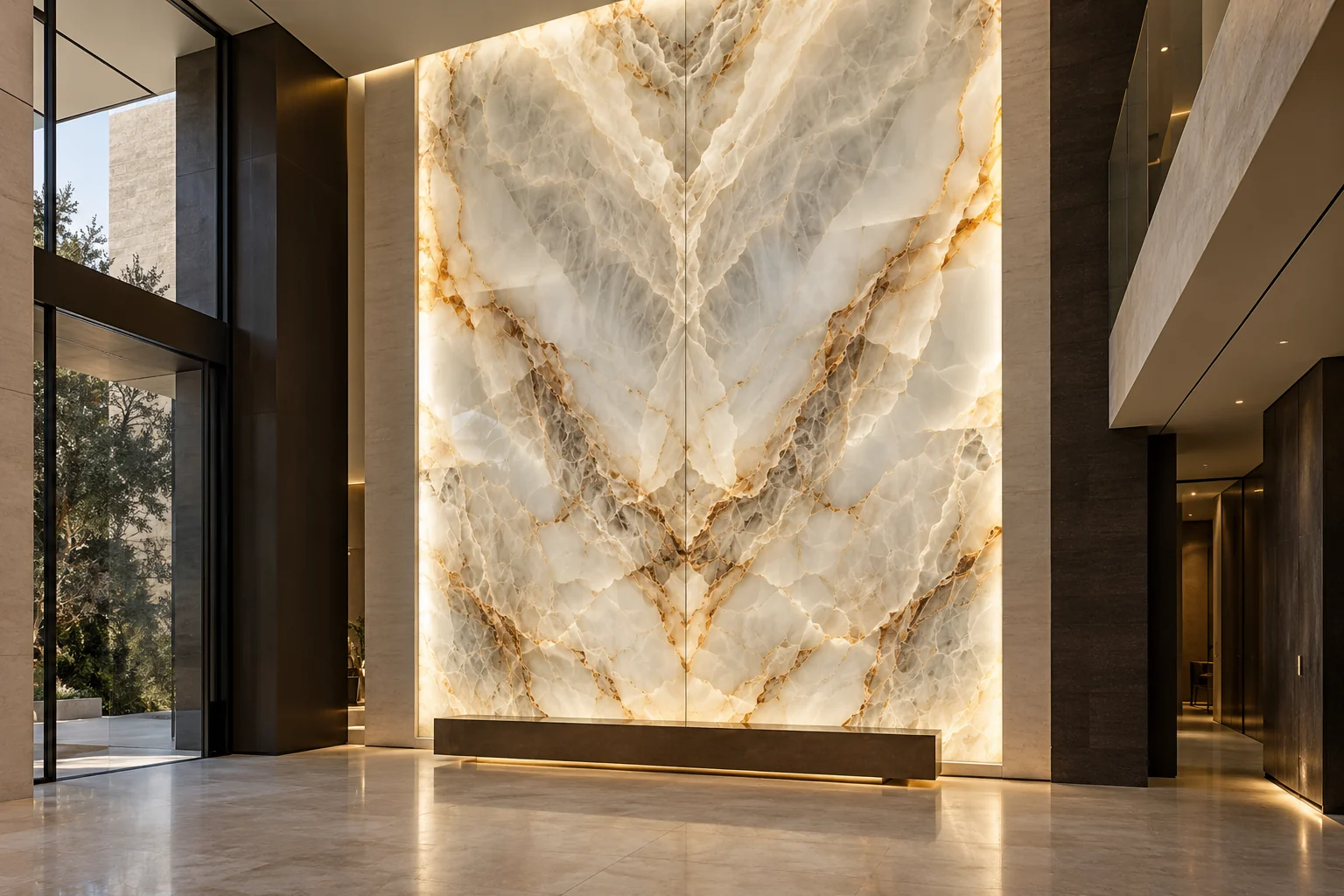 Bookmatched backlit onyx wall — design visualization