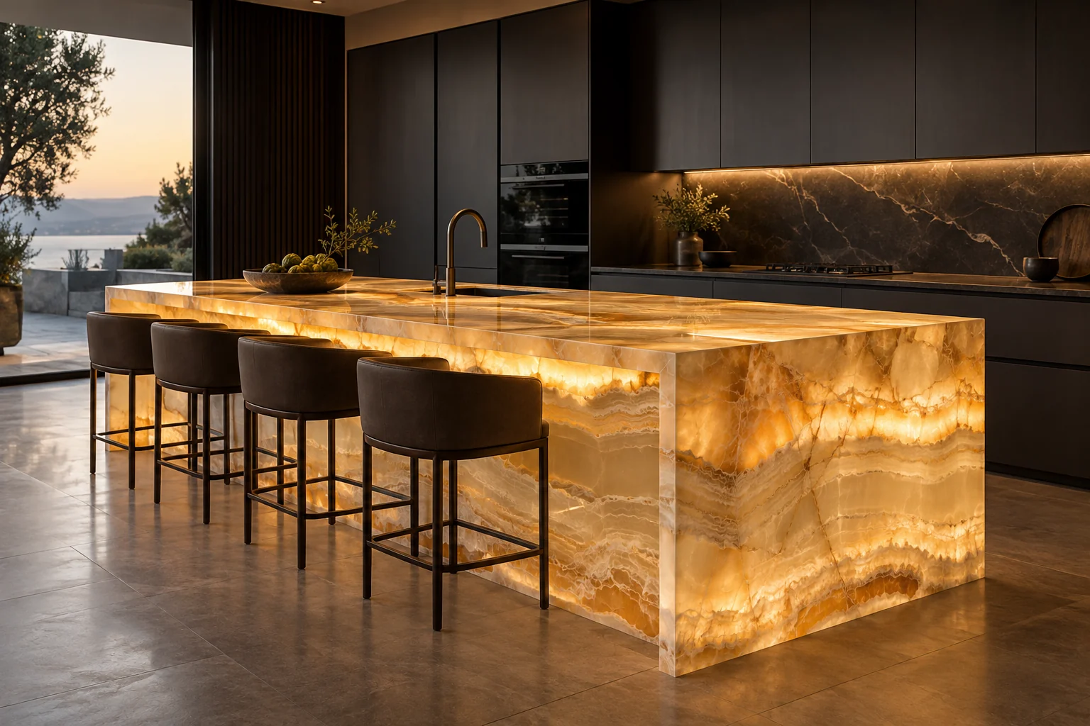 Illuminated onyx kitchen island — design visualization