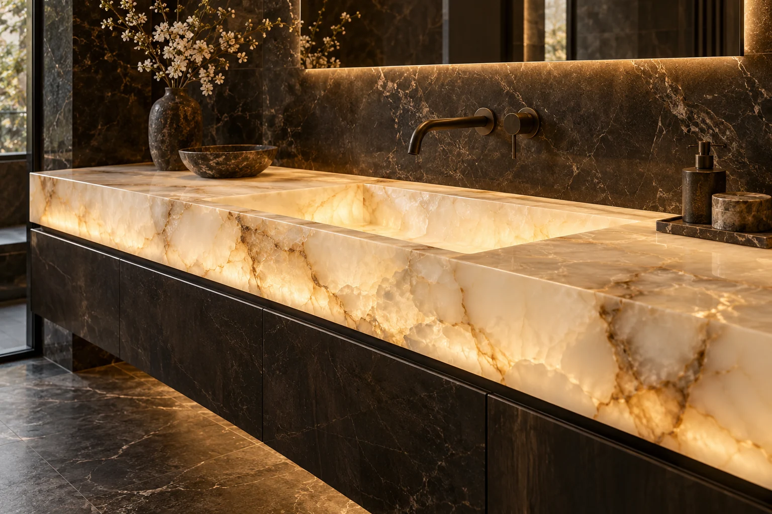 Backlit onyx vanity and countertop — design visualization