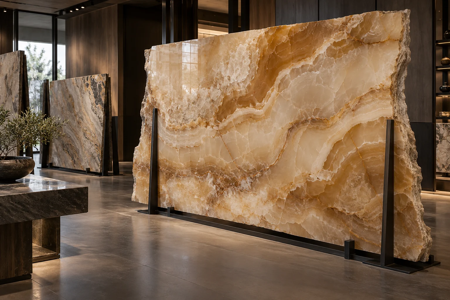 Honey onyx slab selection — design visualization