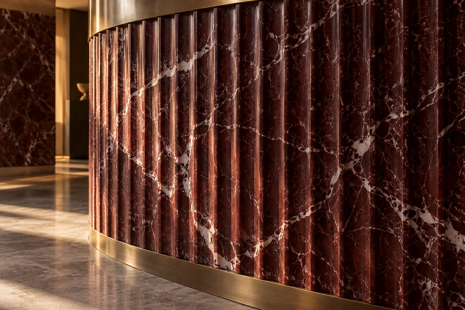 Fluted Rosso Levanto panels — design visualization