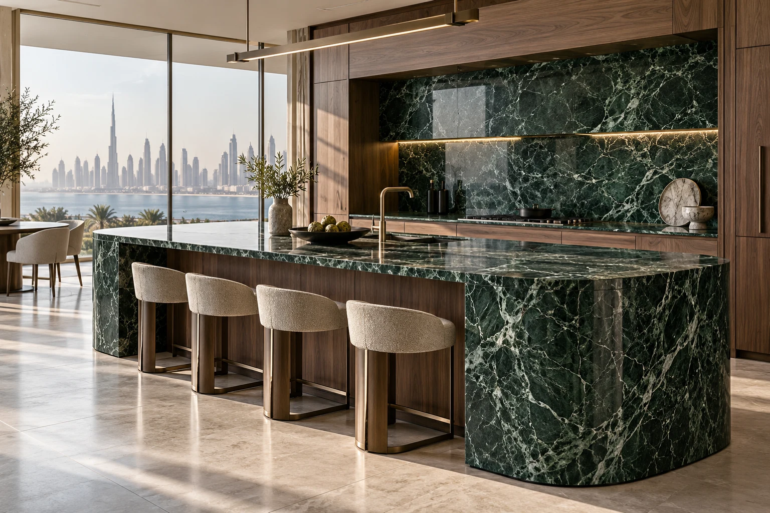 Sculptural green marble island — design visualization