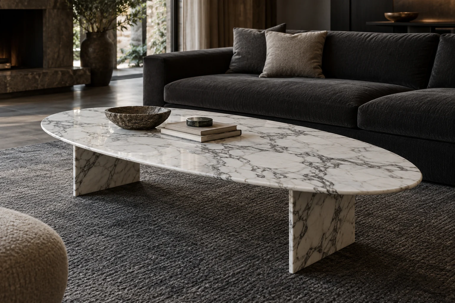 Oval marble coffee table — design visualization
