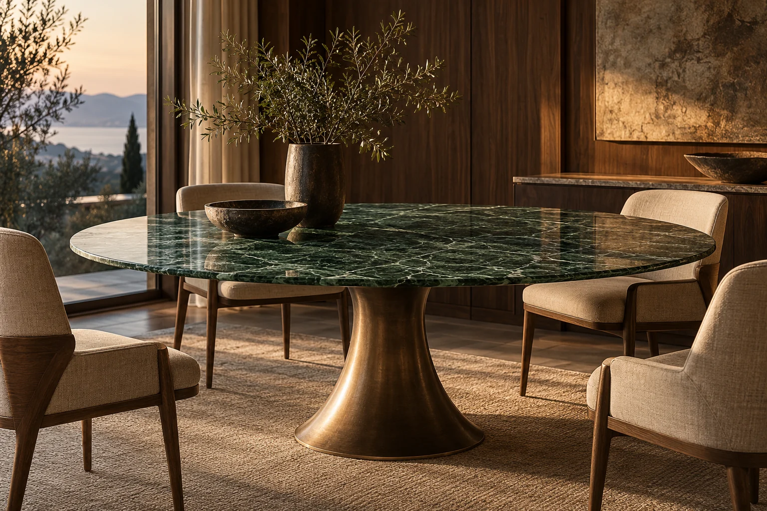 Round green marble dining table — design visualization