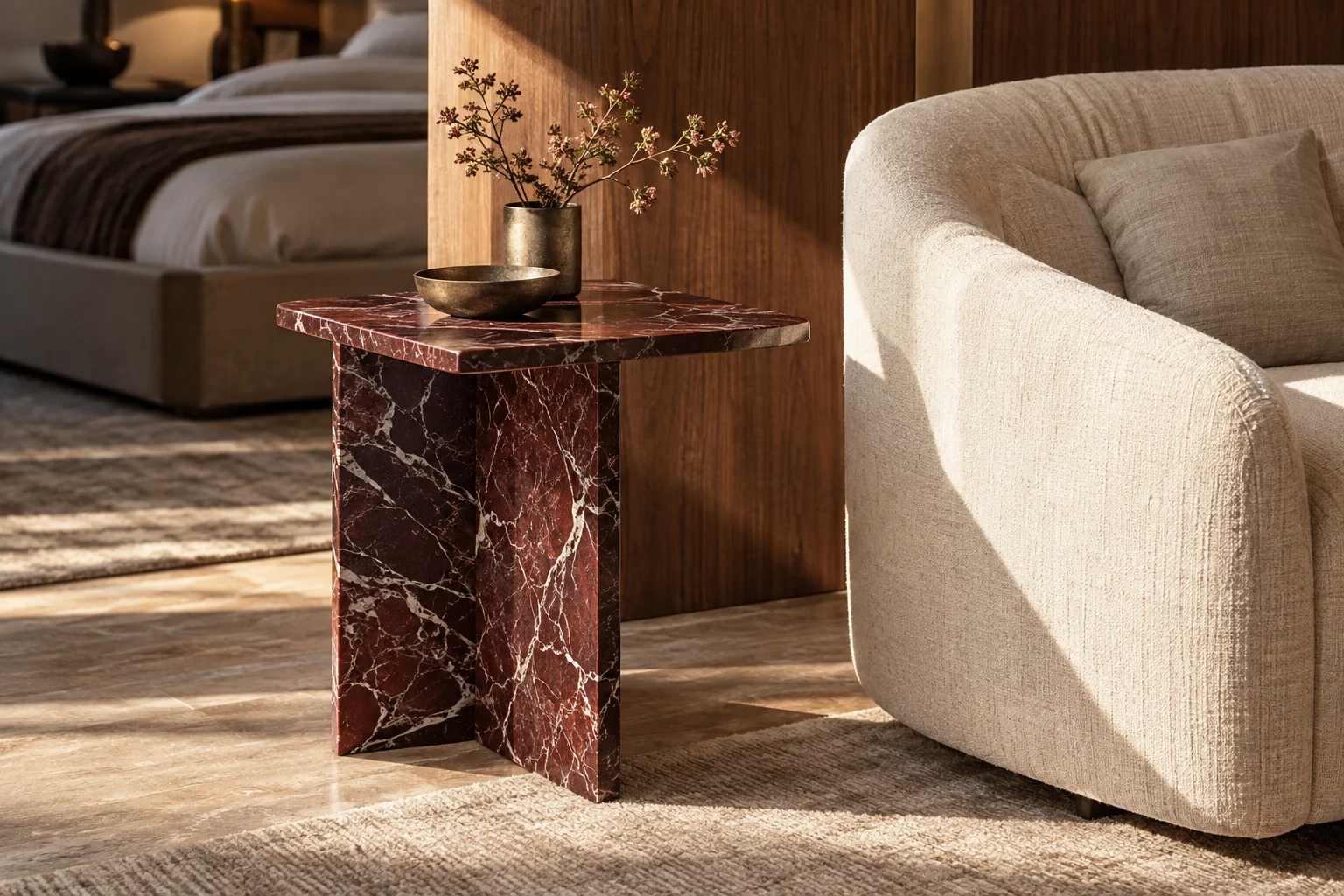 Burgundy marble side table — design visualization